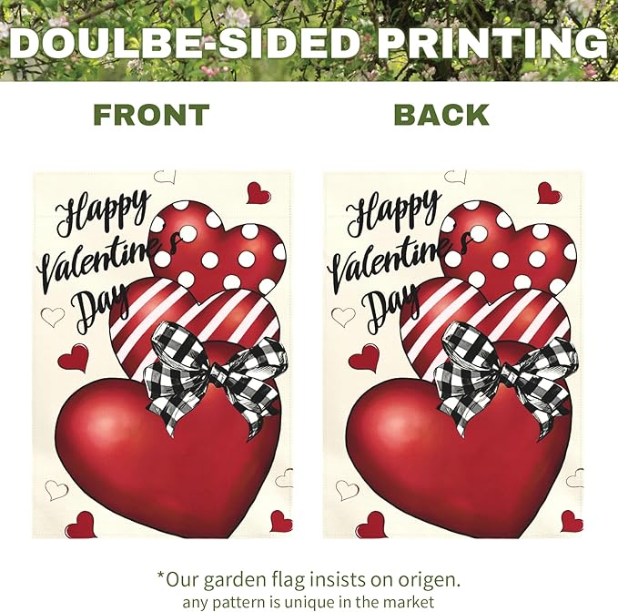 Valentines Day Garden Flag 12x18 Double Sided Happy Valentine’s Day Yard Banner with Red Hearts Polka Dot & Striped Love Heart Buffalo Plaid Bow Romantic Outdoor Decor for Porch Lawn Patio