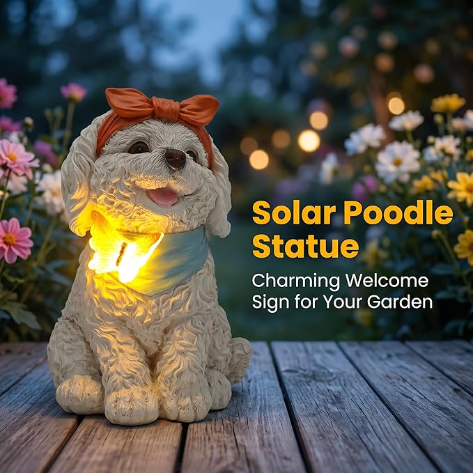 Solar Garden Poodle Statue, Detachable Ground Stake, White Resin Puppy with LED Butterfly and Blue Scarf, Waterproof Yard Decor for Patio, Lawn, Porch, Pathway, and Gift Giving
