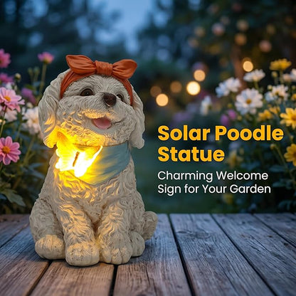 Solar Garden Poodle Statue, Detachable Ground Stake, White Resin Puppy with LED Butterfly and Blue Scarf, Waterproof Yard Decor for Patio, Lawn, Porch, Pathway, and Gift Giving
