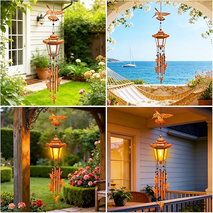 Hummingbird Solar Wind Chimes for Outside, Birthday Gifts for Mom Women Grandma Mother's Day Memorial, 34-Inch Windchimes with Wind Spinner, Outdoor Hanging Solar Lights Yard Garden Decor, 2 Pack