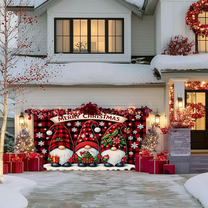 IVN Christmas Garage Door Cover Decoration 13x6ft Gnome Pattern Red Backdrop Gift Snowflakes and Stars Merry Christmas Garage Door Banner Home Door Front Yard Decor for Xmas Eve Holiday Outdoor