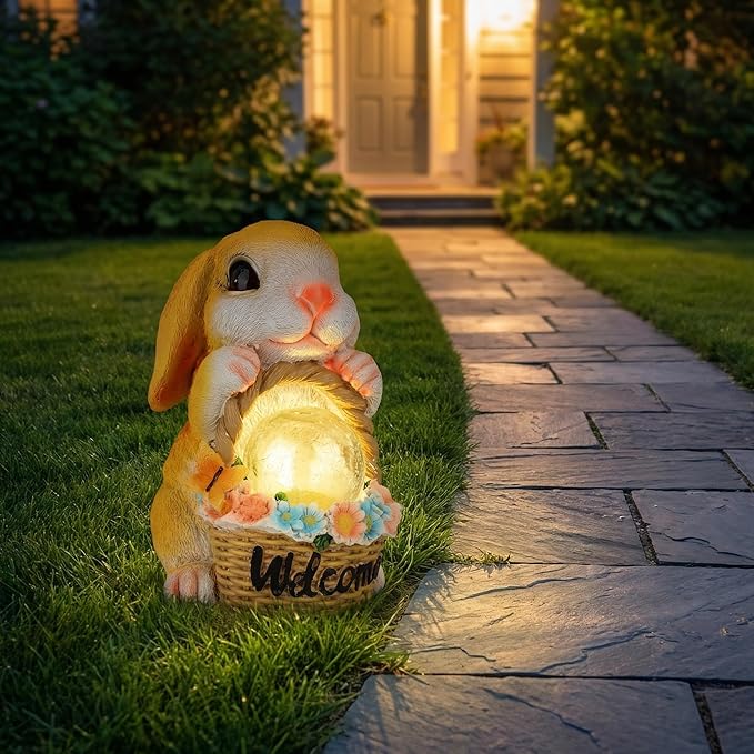 Solar Garden Welcome Statue with LED Light, Outdoor Decorative Animal Figurines, 8-10 Hour Working Time, Floral Basket Design, Lawn Yard Decor (Rabbit)