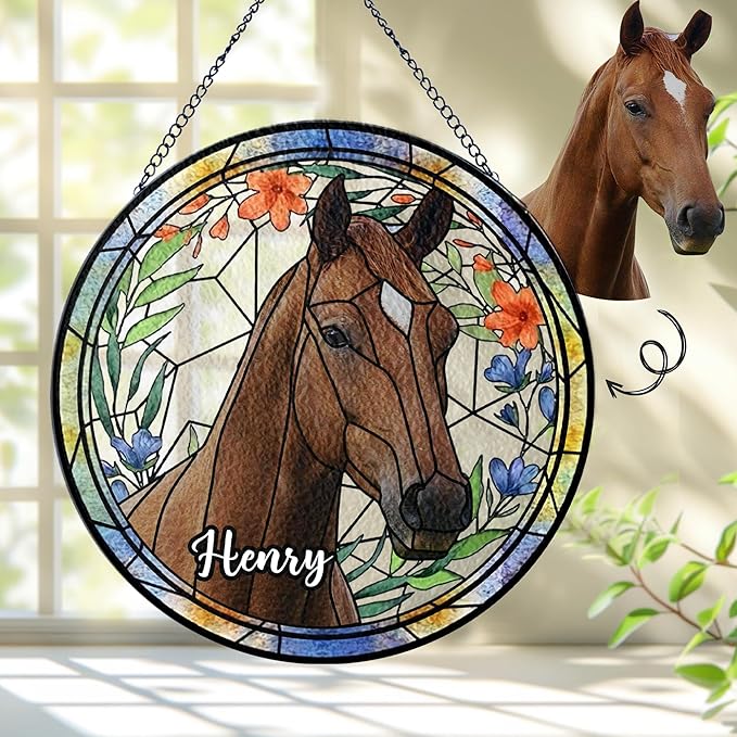 NAZENTI Personalized Horse Stained Glass Suncatcher with Photo, Custom Name Horse Ornament Window Hanging, Home Decor Gifts for Pet Day, Christmas, Memori, Sympathy Gift for Loss of Horse