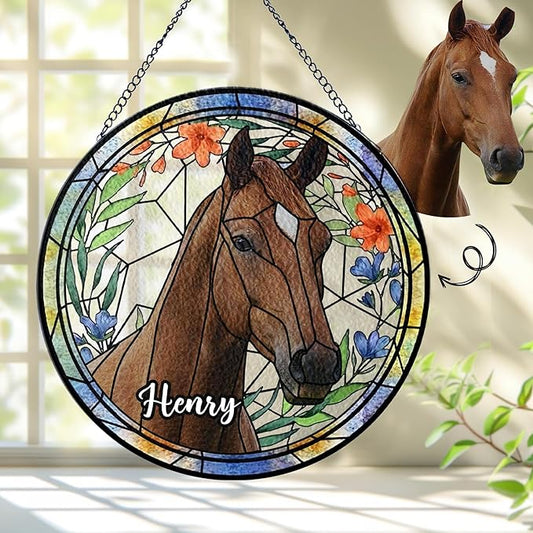 NAZENTI Personalized Horse Stained Glass Suncatcher with Photo, Custom Name Horse Ornament Window Hanging, Home Decor Gifts for Pet Day, Christmas, Memori, Sympathy Gift for Loss of Horse