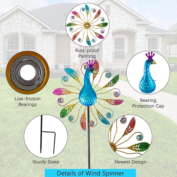Colorful Peacock Wind Spinners Outdoor 2 Pcs, 38.2 Inch Tall Windmill for Yard Decor, Garden Wind Spinners with Vibrant Feather Design, Metal Garden Decor for Patio and Lawn