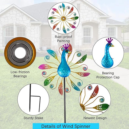 Colorful Peacock Wind Spinners Outdoor 2 Pcs, 38.2 Inch Tall Windmill for Yard Decor, Garden Wind Spinners with Vibrant Feather Design, Metal Garden Decor for Patio and Lawn