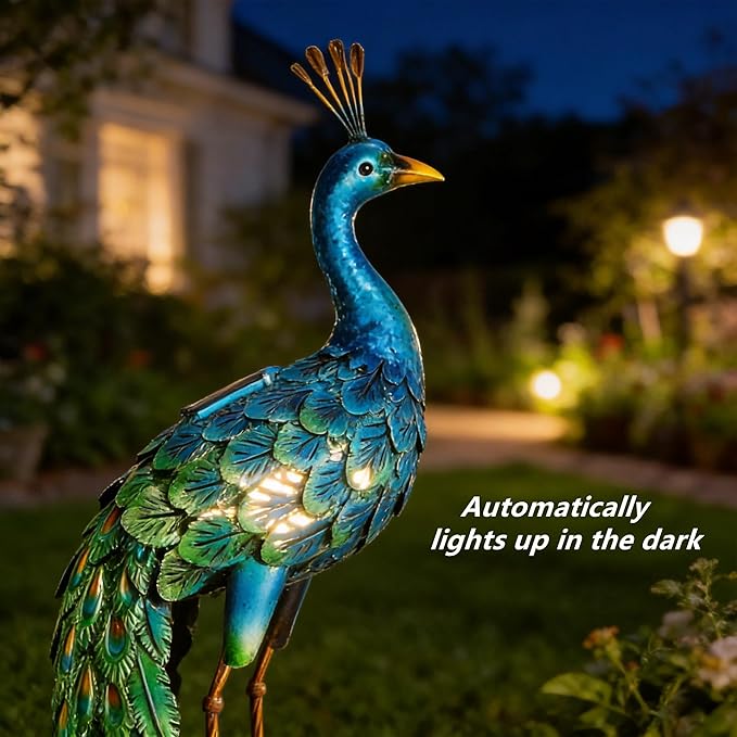 chisheen Outdoor Solar Peacock Decor Garden Statue Metal Yard Art Decoration Outdoor Sculptures for Backyard,Patio,Lawn,Wedding, for Women