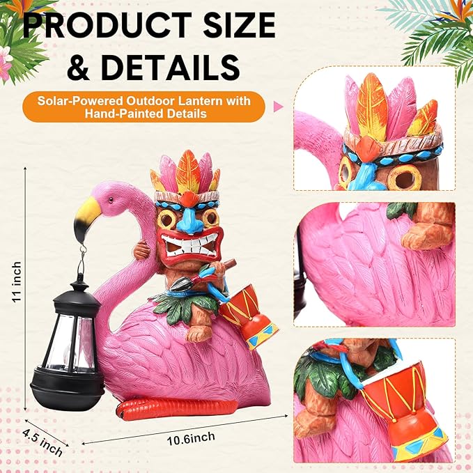 Gerrii Solar Tiki Statue Outdoor Light Decoration Tiki Bar Garden Statues 11'' Resin Waterproof Flamingo Figurines for Garden, Patio, Balcony, Yard, Lawn Ornament