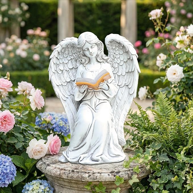 Angel Statue Outdoor Decor, Elegant Angel Garden Statues Reading Book with Solar LED Lights Yard Decorations Lawn Ornaments Figurines Resin Sculpture for Outside, Angel Gardening Gifts