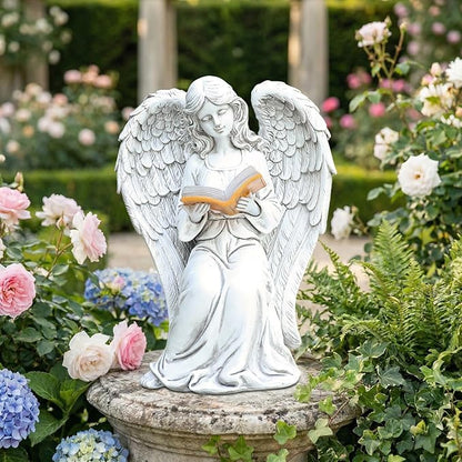 Angel Statue Outdoor Decor, Elegant Angel Garden Statues Reading Book with Solar LED Lights Yard Decorations Lawn Ornaments Figurines Resin Sculpture for Outside, Angel Gardening Gifts