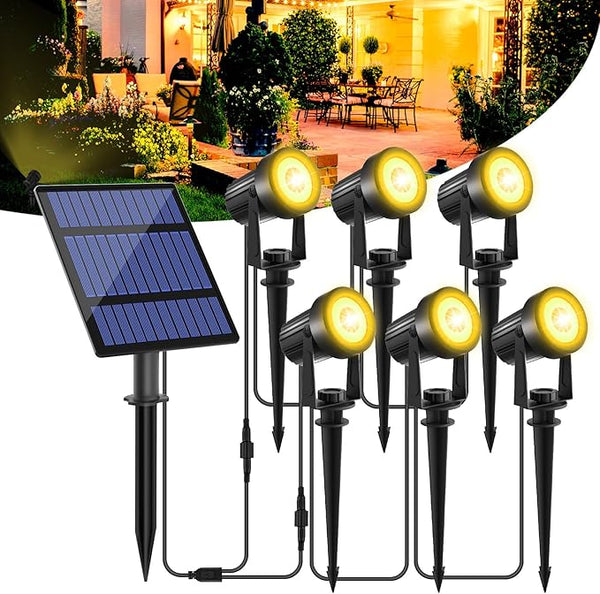 T-SUNUS Solar Spot Lights Christmas 6-in-1 Outdoor Warm White 3000K Landscape Spotlight IP65 Waterproof Separated Panel Spotlights with 9.8ft Cable Auto On/Off for Tree Lawn Driveway Pathway Halloween