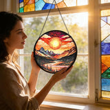 Stained Glass Window Hanging, Mountain River and Sun Suncatcher for Door Terrace Garden Kitchen Home Decor, Scenery Sun Catchers for Christmas Mother's Day Valentine's Day Gift for Women Mom 7.8 in