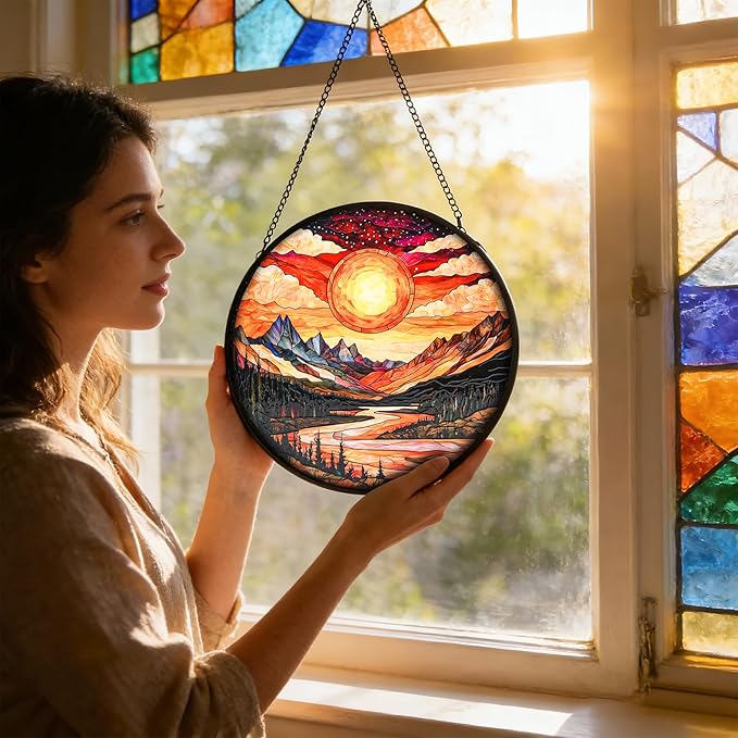 Stained Glass Window Hanging, Mountain River and Sun Suncatcher for Door Terrace Garden Kitchen Home Decor, Scenery Sun Catchers for Christmas Mother's Day Valentine's Day Gift for Women Mom 11.8 in