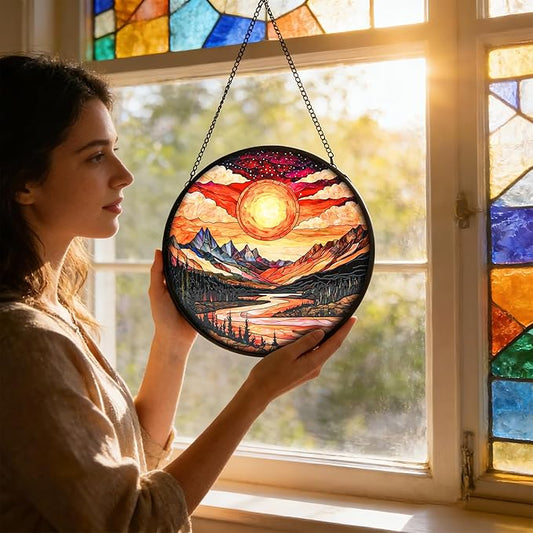 Stained Glass Window Hanging, Mountain River and Sun Suncatcher for Door Terrace Garden Kitchen Home Decor, Scenery Sun Catchers for Christmas Mother's Day Valentine's Day Gift for Women Mom 6.3 in
