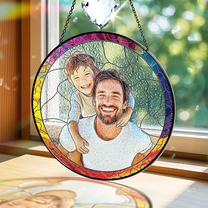 VINATIMES Personalized Dad Stained Glass Suncatcher, Photo Family Stained Glass Window Hanging Decoration, Custom Photo Gift for Dad from Son Daughter, Birthday Gift for Grandpa, Papa, Uncle