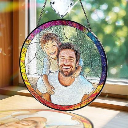 VINATIMES Personalized Dad Stained Glass Suncatcher, Photo Family Stained Glass Window Hanging Decoration, Custom Photo Gift for Dad from Son Daughter, Birthday Gift for Grandpa, Papa, Uncle