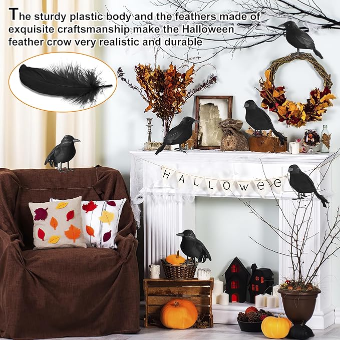 kemooie 6 Packs Real Feathered Halloween Black Crows, Handmade Realistic Crow with Real Feathers Raven Birds for Yard Tree Garden Patio Indoor Outdoor Halloween Decorations