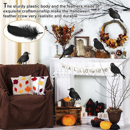 kemooie 6 Packs Real Feathered Halloween Black Crows, Handmade Realistic Crow with Real Feathers Raven Birds for Yard Tree Garden Patio Indoor Outdoor Halloween Decorations