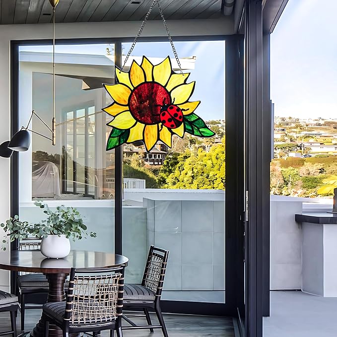 Stained Glass Suncatcher, Sunflower and Ladybug Window Hanging, Hand-Painted (Style 4)