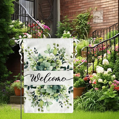 Spring Summer Welcome Garden Flags 12x18 Inch Double Sided Green Eucalyptus Leaves Floral Garden flag Seasonal Yard Flags for Outside Decorations Banner for Outdoor Farmhouse Yard