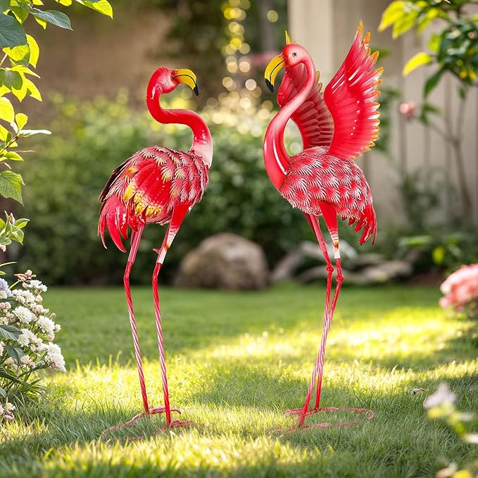 Extra-Large Flamingo Statue, 36.5" Handmade Metal Flamingo Yard Decor with Ground Stakes, Unique Outdoor Lawn Ornaments for Garden Patio, Vintage Pink Sculpture Gift for Housewarming Party