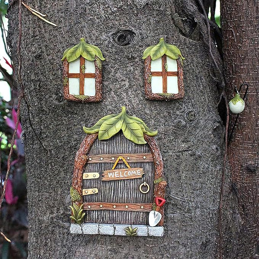 Fairy Garden Decor Fairy Door and Windows for Trees, Glow in The Dark Yard Sculpture Lawn Ornament Mini Garden Art Outdoor Decor Accessories with Lantern (Vintage)