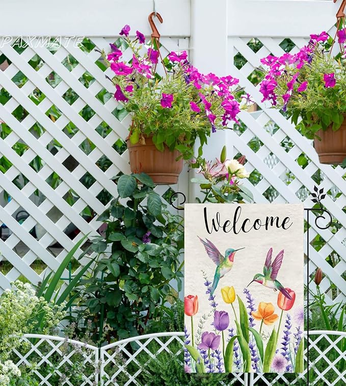 Welcome Hummingbird Spring Flowers Garden Flag 12x18 Inch Double Sided Outside Small Mini Yard Holiday Outdoor Farmhouse Decoration