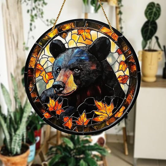 8x8 inch Charming Black Bear Autumn Acrylic Stained Glass Window Hanging Sun Catcher Decor Stained Panel Hangings Wall Art Decor, for Friends and Family (Black Bear)
