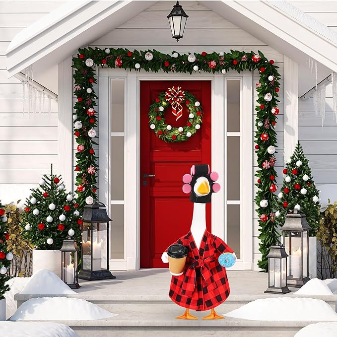 Shyyween Porch Goose Christmas Outfit 23 Inch Lady Goose Statue Clothes Red and Black Plaid Bathrobe Coffee Cup Curlers for Cement Plastic Lawn Geese Outdoor Garden Yard Patio Decoration