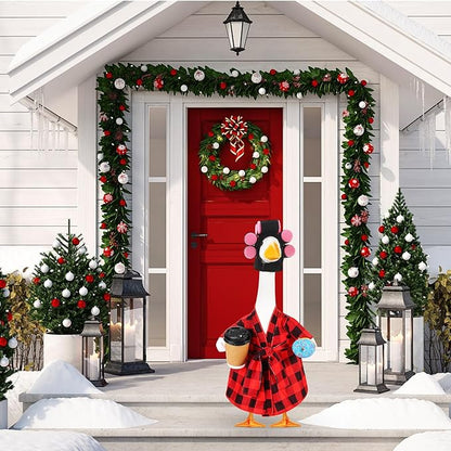 Shyyween Porch Goose Christmas Outfit 23 Inch Lady Goose Statue Clothes Red and Black Plaid Bathrobe Coffee Cup Curlers for Cement Plastic Lawn Geese Outdoor Garden Yard Patio Decoration