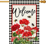 Baccessor Spring Summer Geranium Welcome House Flag Double Sided Summer Bee Red Floral Buffalo Plaid Burlap Large Flag House Seasonal Farmhouse Outside Outdoor Decoration 28 x 40 Inch