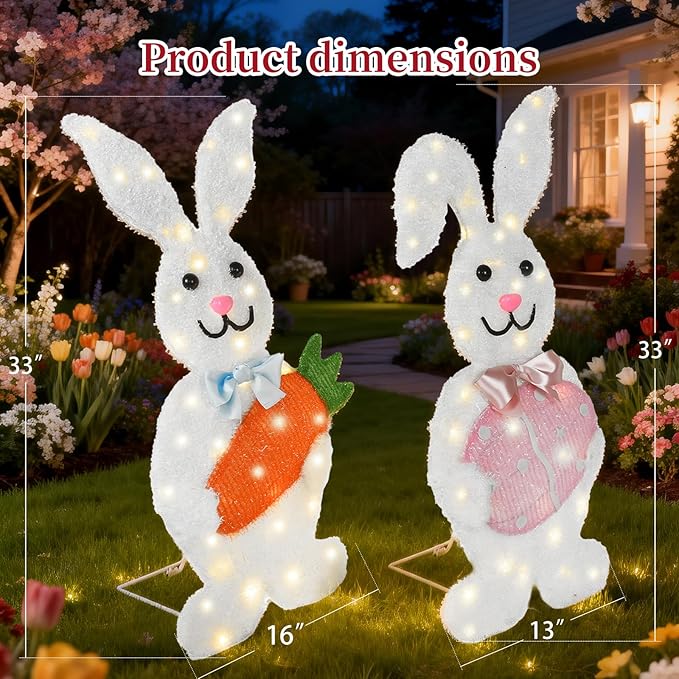 Outdoor Easter Bunny Yard Decorations, Lighted Metal Bunny Decor Set of 2, 30 Inch, Plug-in Pre-Lit LEDs for Lawn Garden Front Porch