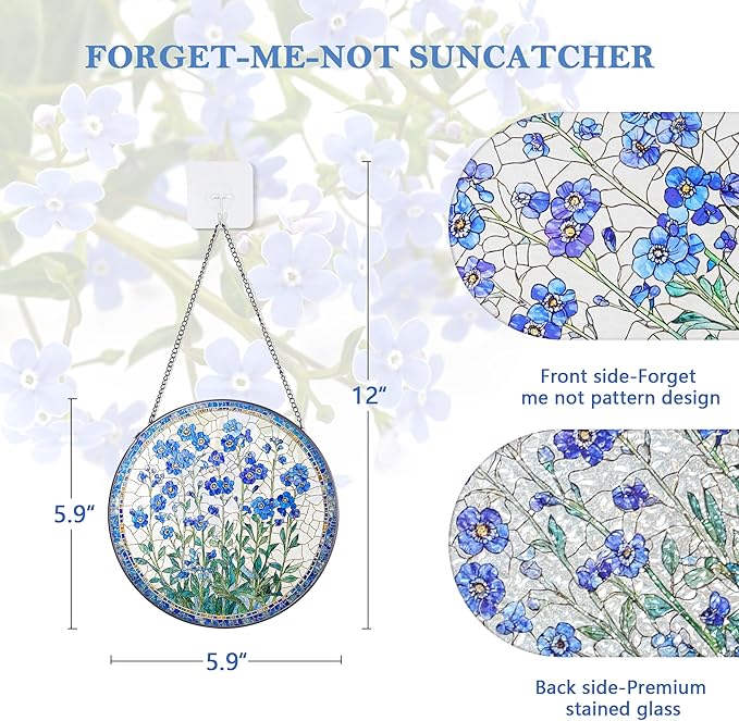 LITIVY Forget-Me-Not Flower Stained Glass Suncatcher, 6 Inch Handmade Blue Floral Window Hanging Decor for Garden, Sun Catcher Home Decor