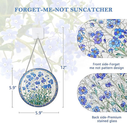 LITIVY Forget-Me-Not Flower Stained Glass Suncatcher, 6 Inch Handmade Blue Floral Window Hanging Decor for Garden, Sun Catcher Home Decor