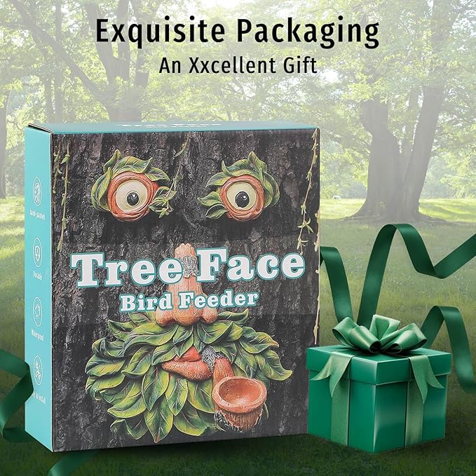 Flytime Tree Face Garden Decor with Bird Feeder - 12 Inch Whimsical Outdoor Statue, Weather Resistant Resin Tree Hugger Art for Yard & Garden