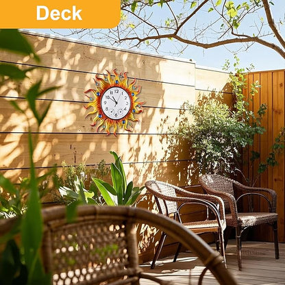 Outdoor Clock Thermometer Combo, Sun Outdoor Wall Clock, Silent Non-Ticking Outdoor Clocks Waterproof for Patio, Garden