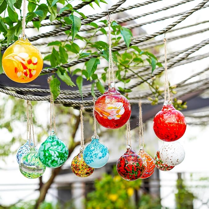 Set of 12 Hand Blown Glass Ball Ornaments Decorative Hanging Ornaments Glass Gazing Balls Witches Balls Decor for Outdoor Patio Garden Window