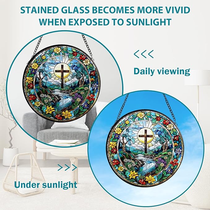 Cross Stained Glass Window Hanging, Wildflower Suncatcher Diamond Glass Panel Hangings, Sun Catchers Indoor Windows Wall Art Decor, Pastor Christian Gift, Christmas Decor for Home Office 7.87 inches