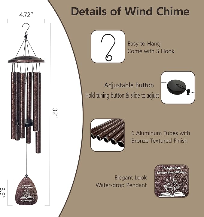 TRILVIX Retirement Gift for Woman Men – 32" Wind Chimes with Happy Retirement Tag, Outdoor Decoration for Retirement Party, Cool Retirement Gifts for Teachers Coworkers Boss Nurses Colleague Friends