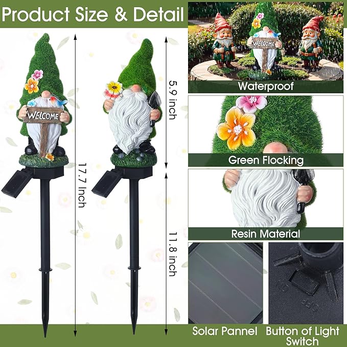 Rossesay 2 Pcs Solar Garden Gnomes Outdoor Decorations with Welcome Sign, Waterproof Resin Gnome Statues with Lights for Outside Yard Patio Porch Decor, Mothers Day Gifts for Mom Grandma Women