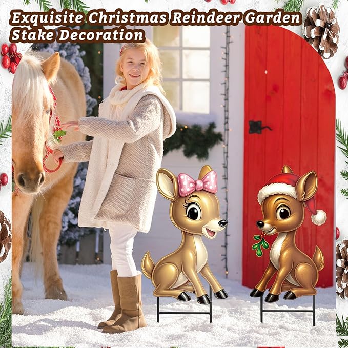 Moxweyeni 2 Pcs Outdoor Reindeer Christmas Decoration Cute Deer Sign Large Metal Reindeer Yard Sign with Stakes Christmas Farmhouse Deer Figurines for Lawn Garden Holiday Display