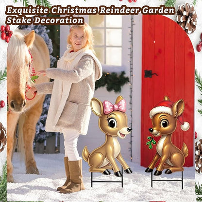 Moxweyeni 2 Pcs Outdoor Reindeer Christmas Decoration Cute Deer Sign Large Metal Reindeer Yard Sign with Stakes Christmas Farmhouse Deer Figurines for Lawn Garden Holiday Display