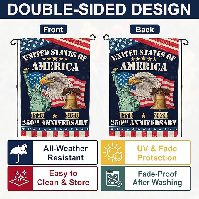 250th Anniversary America USA Garden Flag for Outside, Eagle Liberty Bell Statue of Liberty 1776-2026 Patriotic Double-Sided Waterproof Yard Flag 12x18 Inch for 4th of July Memorial Day Decor