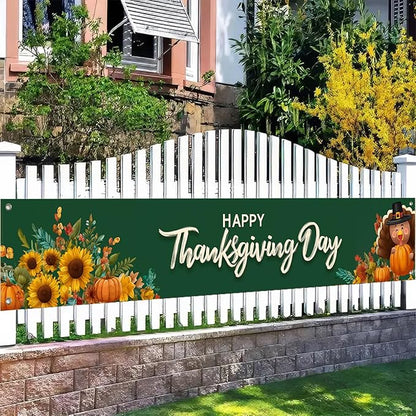 BlissYard Thanksgiving Banner Happy Thanksgiving Day Backdrop Sunflowers Pumpkins Turkey 118x20 inches Autumn Harvest Decor Party Supplies Wall Hanging Banner Photo Backdrop Decor