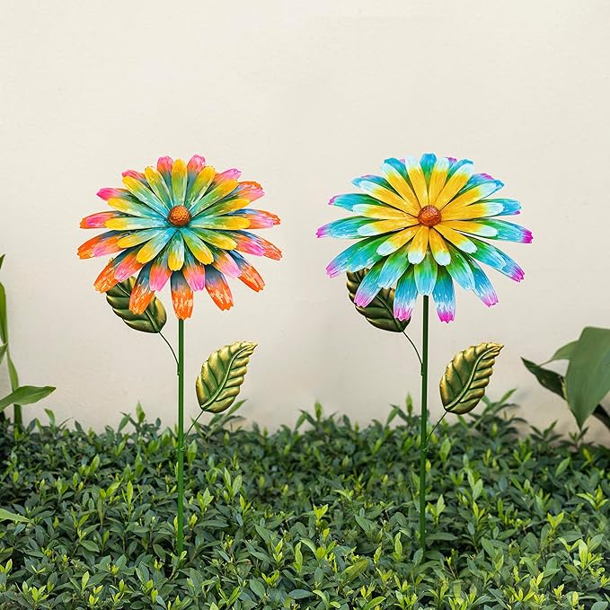 Glitzhome Metal Flower Yard Stake, 41" H Hand Painted Garden Flower with Red Green Petals, Iron Garden Yard Spring Decor for Lawn Landscape