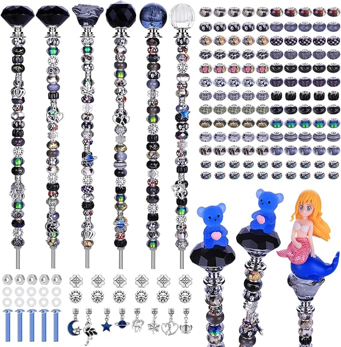 AIPRIDY 158 Pcs DIY Fairy Wand Garden Stakes Kit,Multiple Color Scheme European Beads Crystal Diamond Tops and 12 or 10 Inch Threaded Rods,Stainless Steel Stakes with Diamond Toppe (Black)