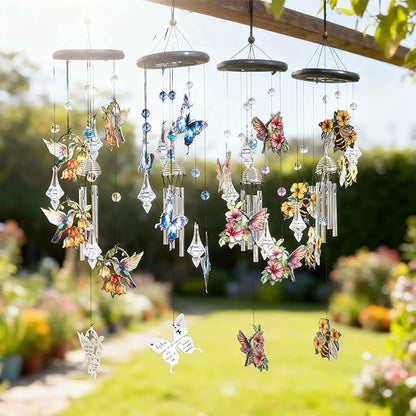 YU FENG Bee Wind Chimes with Crystal Suncatcher – 27 Inch Memorial Wind Chime for Outdoor Garden Decor, Bee Gifts for Mom/Grandma, Metal Windchimes for Yard/Patio
