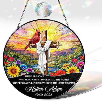 Personalized Cardinal Cross Memorial Stained Glass Suncatcher Christian Sympathy Sun Catcher for Mom Grandparent Religious Catholic Gift Window Hanging Decor Remembrance Day for Loss of Loved One