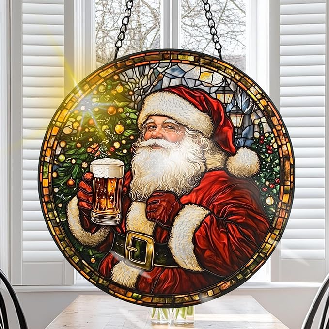 VAIIEYO Christmas Sun Catcher Stained Glass Window Hanging Ornament, Handmade Sun Catcher Santa Claus Decoration with Hooks for Window Garden Home, Christmas & Birthday Housewarming Gift (7.8 inch)