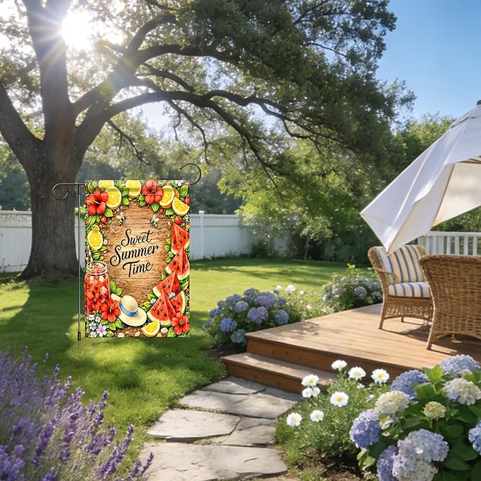 Nuxovilar Summer Garden Flag Sweet Summer Time Lemon Watermelon Flower Pattern Polyester 12x18 Inches Garden Flags for Outside Seasonal Decor Yard Porch Lawn
